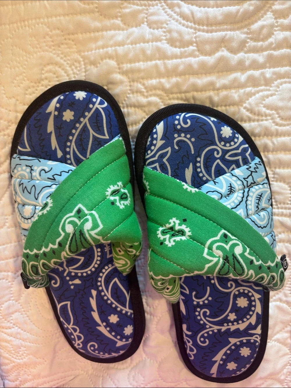 Women  Green and Blue Paisley Slide Sandals with Matching Crossbody Bag